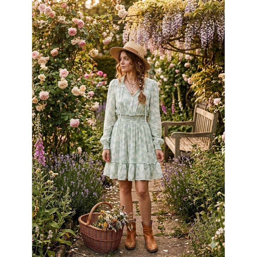 Blu Pepper‎ Sage Green Floral Mini Dress Medium Cottagecore Boho Ruffle Smocked
